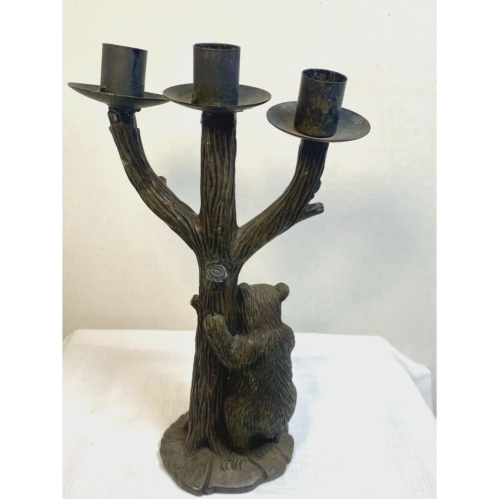 Black Bear Around Tree 11”Candleabrum MCM Candle Holder Rustic Woodland Mancave
